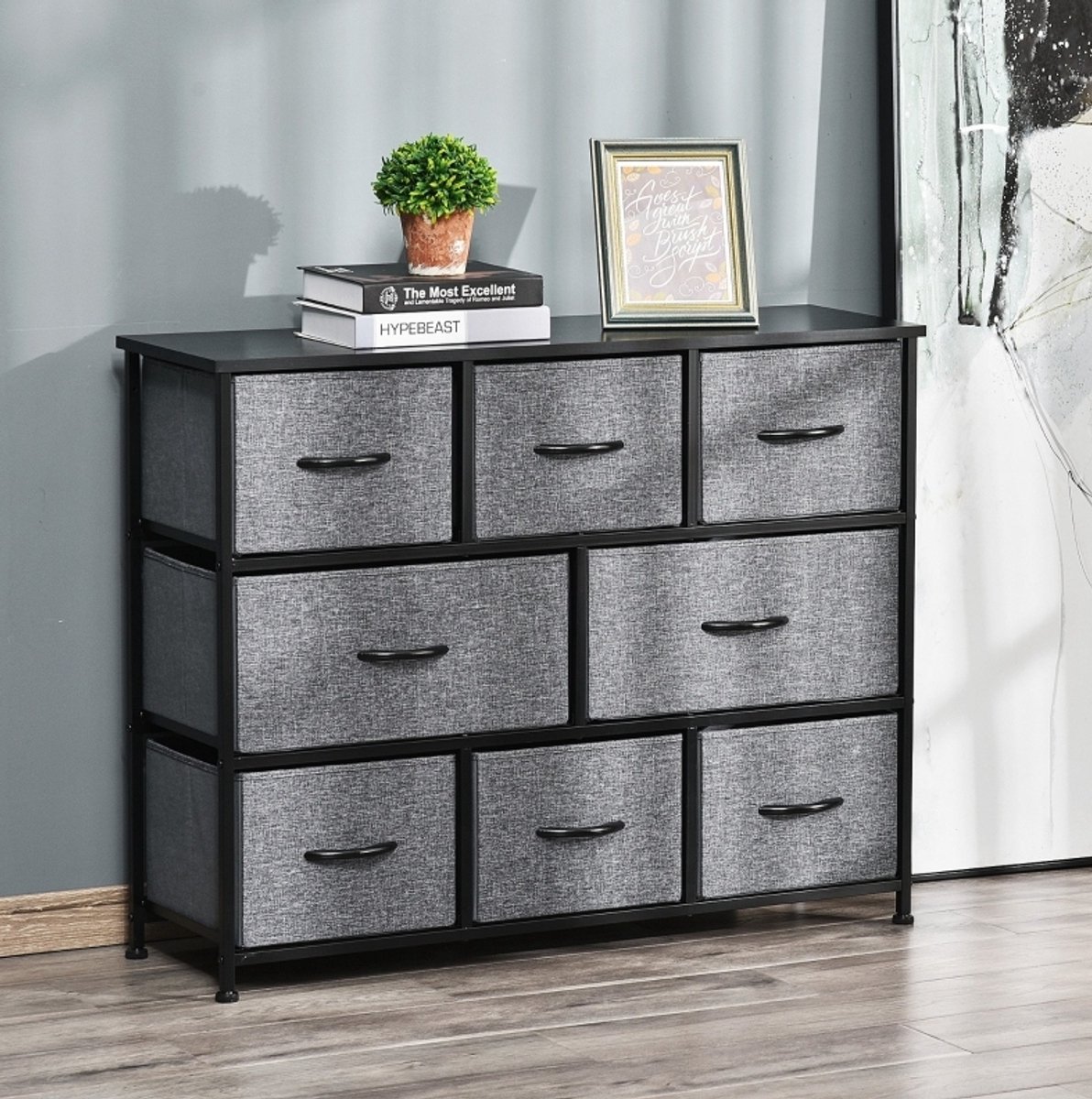 REDOM - Ladekast met 8 stoffen lades - Metalen frame en MDF blad - Opvouwbaar - Design - Slaapkamer en woonkamer - Polyester - Donkergrijs - 100 x 30 x 78,5 cm