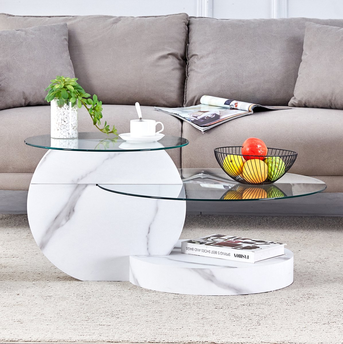 FloraGrace Salontafel - Veilig Glazen Tafelblad Met Marmerlook - Voor Woonkamer En Opbergruimte - MDF En Glas - Wit - 70 Cm