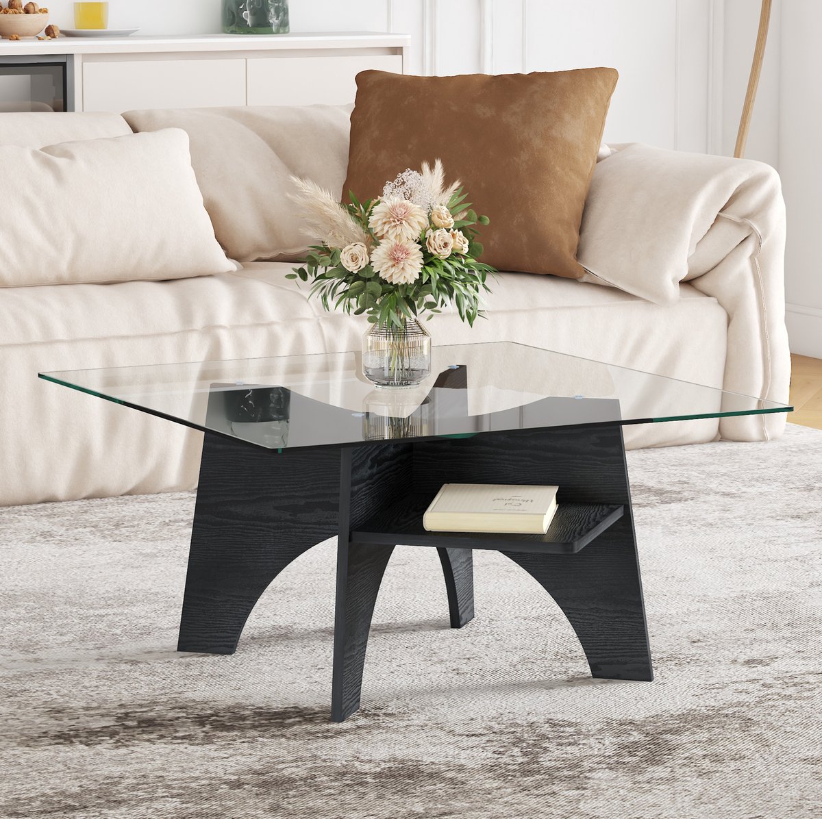 FloraGrace Salontafel Vierkant Veiligheidsglas Met Onderplank Modern Design Voor Woonkamer En Slaapkamer MDF Zwart 80 X 80 X 40 Cm