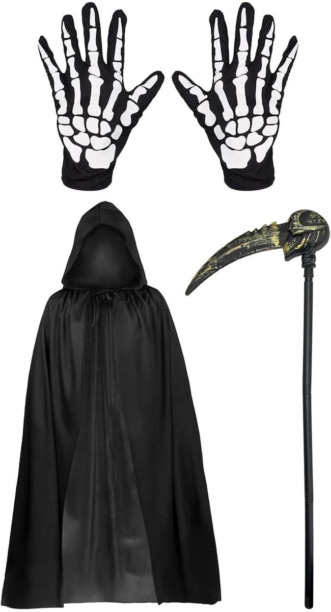 Compleet Halloween Kostuum met Hoed, Handschoenen en Zeis - Perfect voor Feestjes en Verkleedpartijen - Maat L