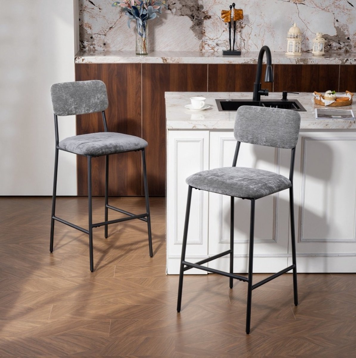 STILVORA Barkruk - Set Van 2 - Comfortabel Met Rugleuning En Voetsteun - Voor Keukenbar En Huisbar - Stof En Staal - Grijs