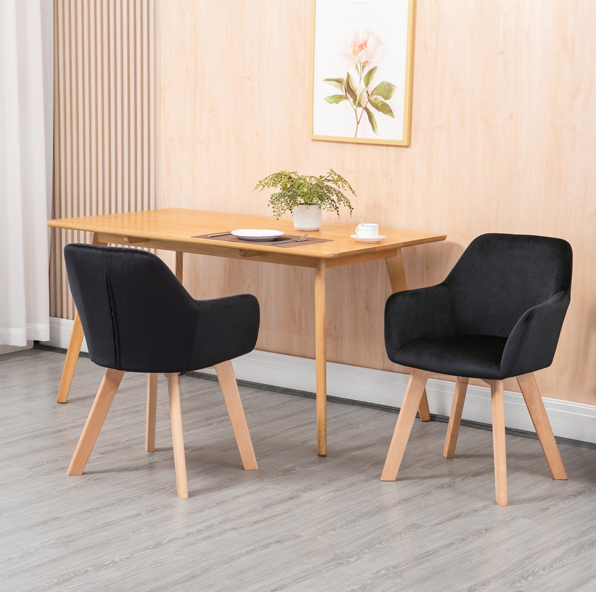 Eetkamerstoel Set Van 2 - Met Armleuningen En Ergonomische Rugleuning - Voor Eetkamer, Woonkamer En Kantoor - Polyester En Hout - Zwart