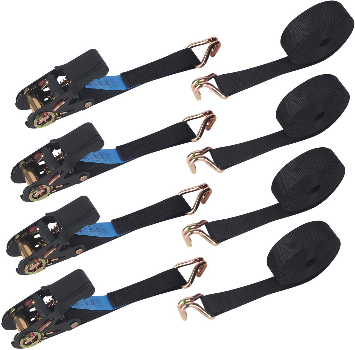 Famanu – Set van 4 spanbanden met ratel en haken, sjorring, 6 m x 25 mm, ideaal voor het beveiligen van ladingen op auto's, aanhangwagens en fietsen