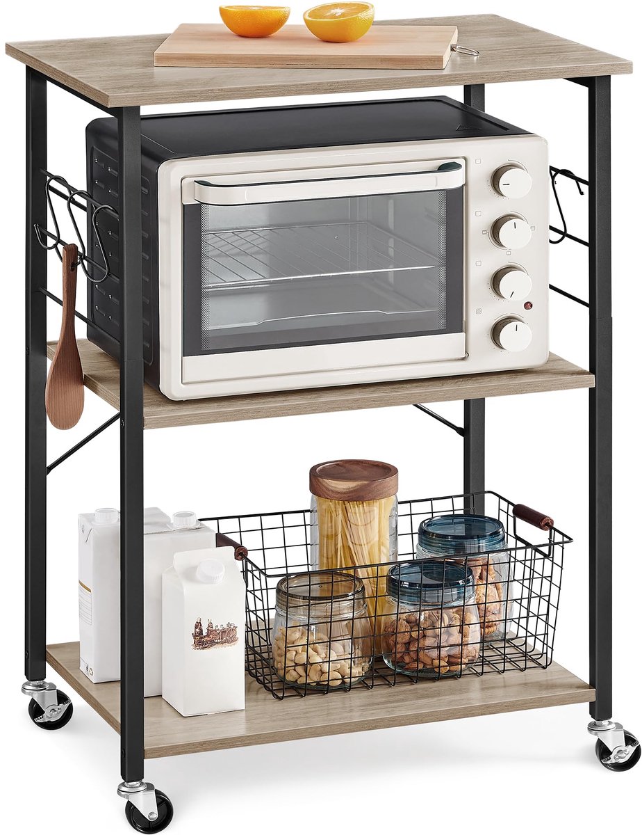Famanu – Keukenplank op wielen, serveerwagen met 3 niveaus, metalen frame, multifunctioneel voor keuken en eetkamer