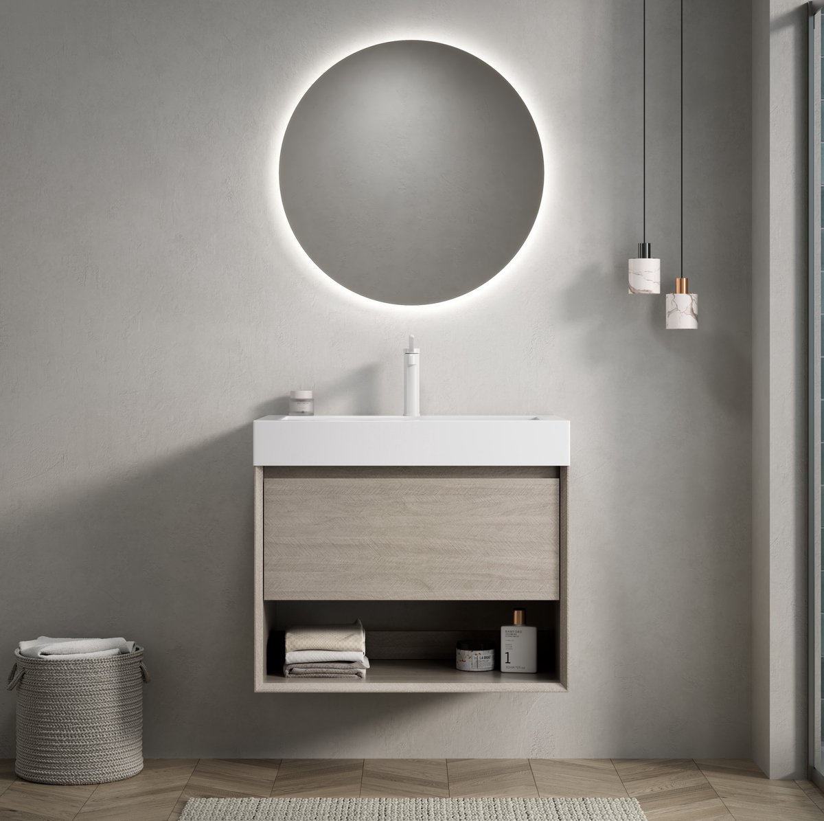 MIVRAY Badkamerkast Met Wastafel - Wandmontage Met Witte Rechthoekige Hars Wastafel En Lade - Licht Eiken - 70x46x60 Cm
