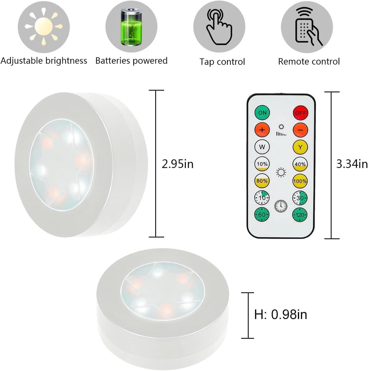 LED-kastverlichting - Wit - 6 x 2,5 cm - Dimbare Batterijverlichting met Afstandsbediening - Voor Keuken en Kasten