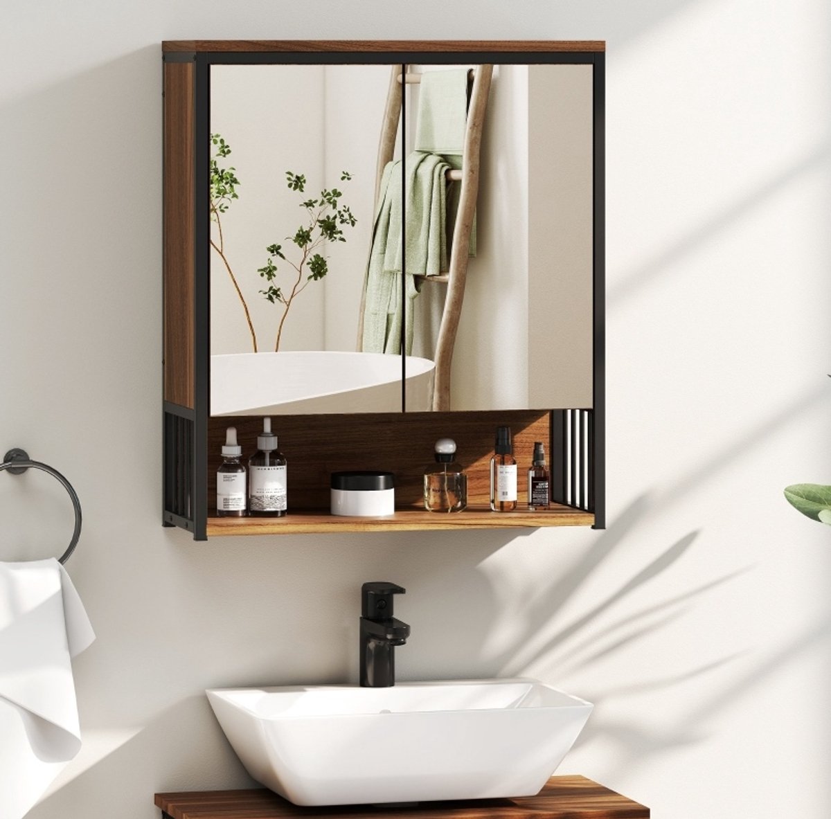 REDOM - Spiegelschrank - Wandmontage - Zacht sluitende deuren - Open en gesloten opbergruimte - Modern - Badkamer - MDF en spaanplaat - Bruin - 56 x 20 x 65 cm