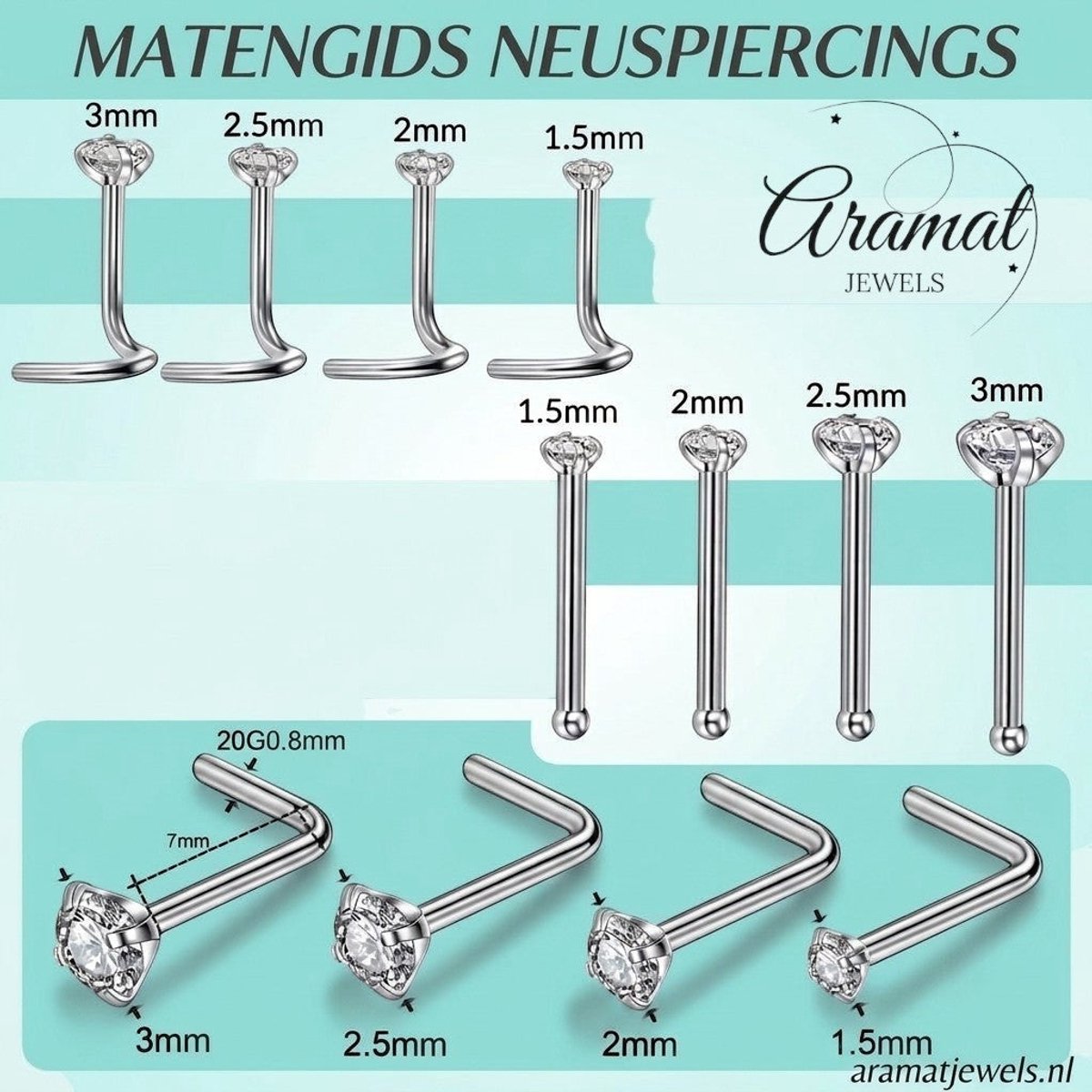Goudkleurige Neuspiercing Transparante Zirkonia – L-Staafje - 3mm