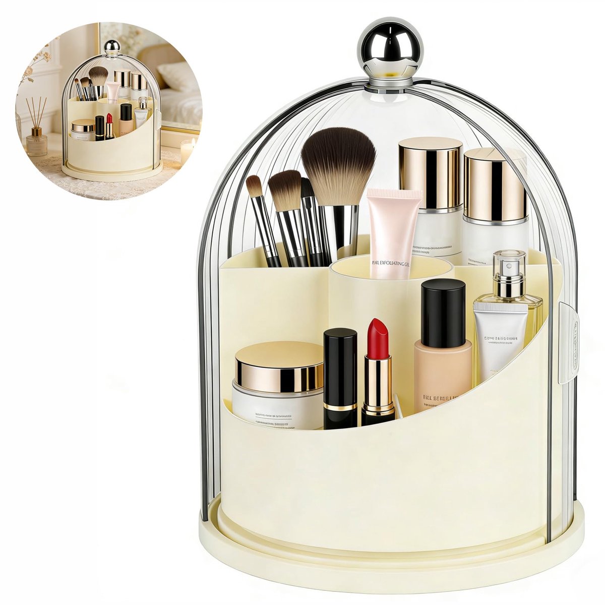 Famanu – Make-up cosmetica-organizer, 360 graden draaibaar, met 5 vakken en deksel, grote capaciteit, voor badkamer en slaapkamer (crèmewit