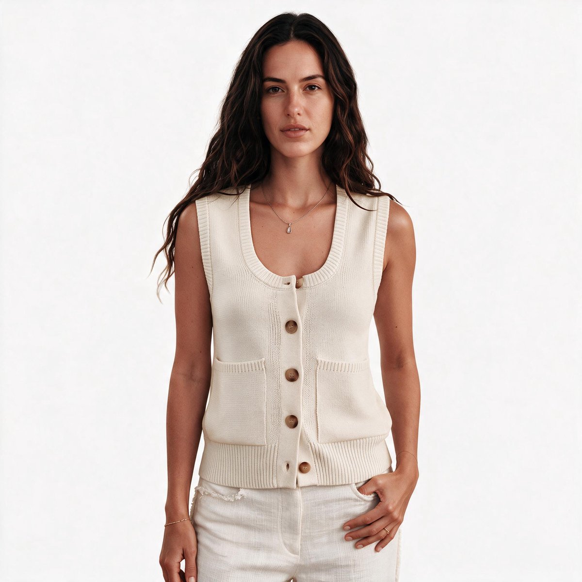 Imily Bela Dames Gebreid Gilet met Ronde Hals en Knopen