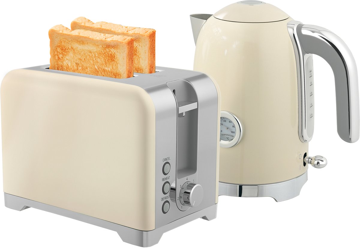 TEKROA® Waterkoker en broodrooster set - 2200W - 7 bruiningsniveaus, diverse functies - crème