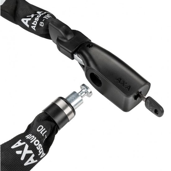 AXA Absolute 9 kettingslot met zwarte schakels, zwarte behuizing en een sleutel.