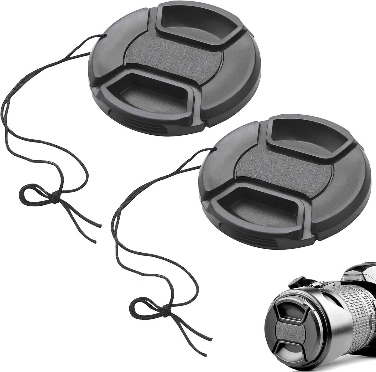 2 stuks 52mm Lensdoppen voor Camera, Snap-on Lenscovers met Koord, Bescherming voor Camera-objectieven