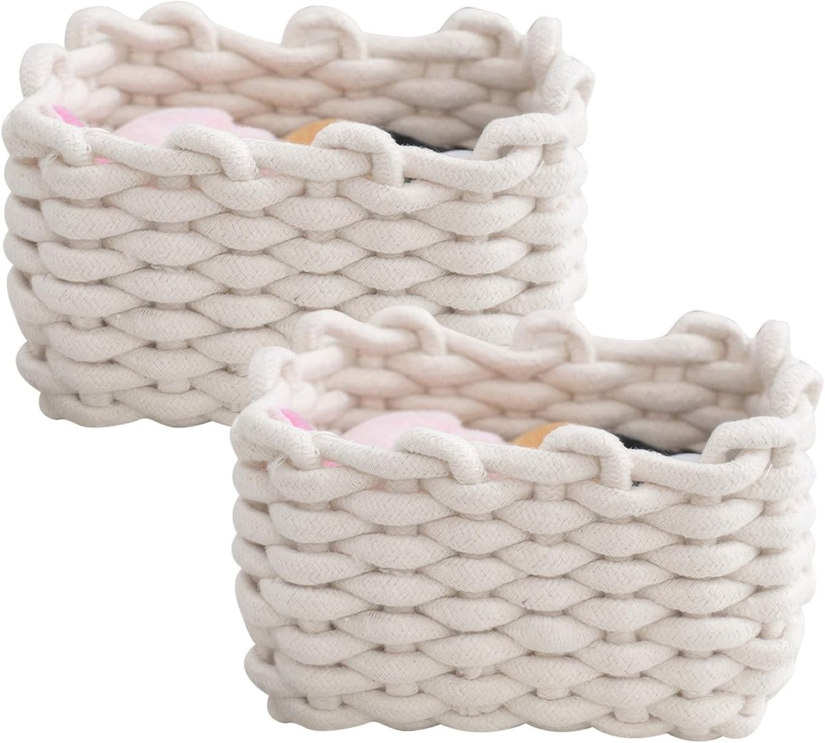 Set van 2 Gevlochten Opbergmanden in Wit voor Kleine Huishoudelijke Items, Speelgoed en Makeup Organisatie