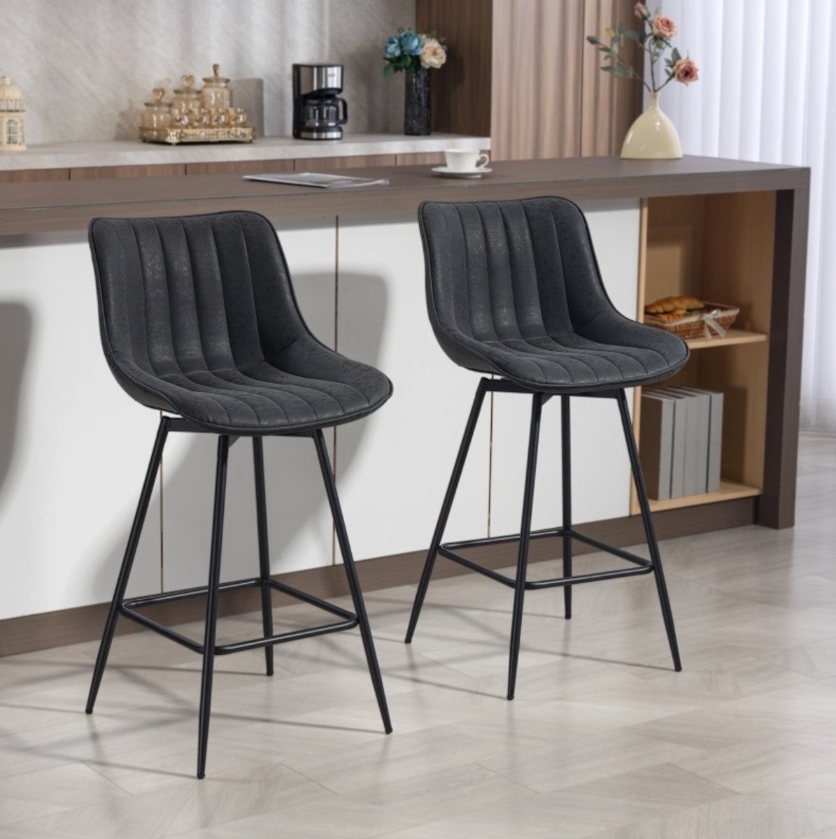 OKWISH Barkruk Set Van 2 – Draaibaar Met Rugleuning En Zithoogte 68 Cm – Voor Keukeneiland Of Eetruimte – Kunstleer – Zwart