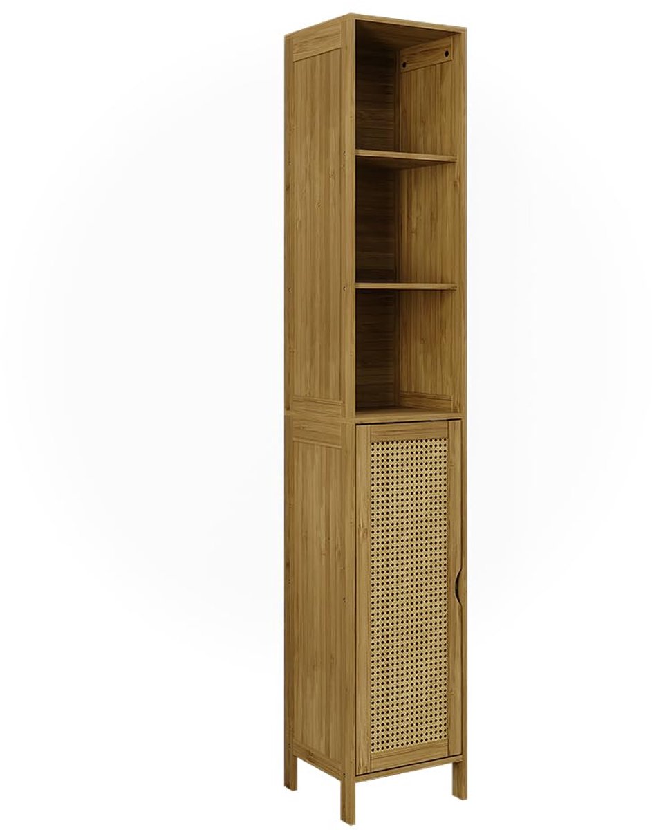 Famanu – Badkamerkast van bamboe, 30 x 170 cm, praktische opbergruimte voor badkameraccessoires