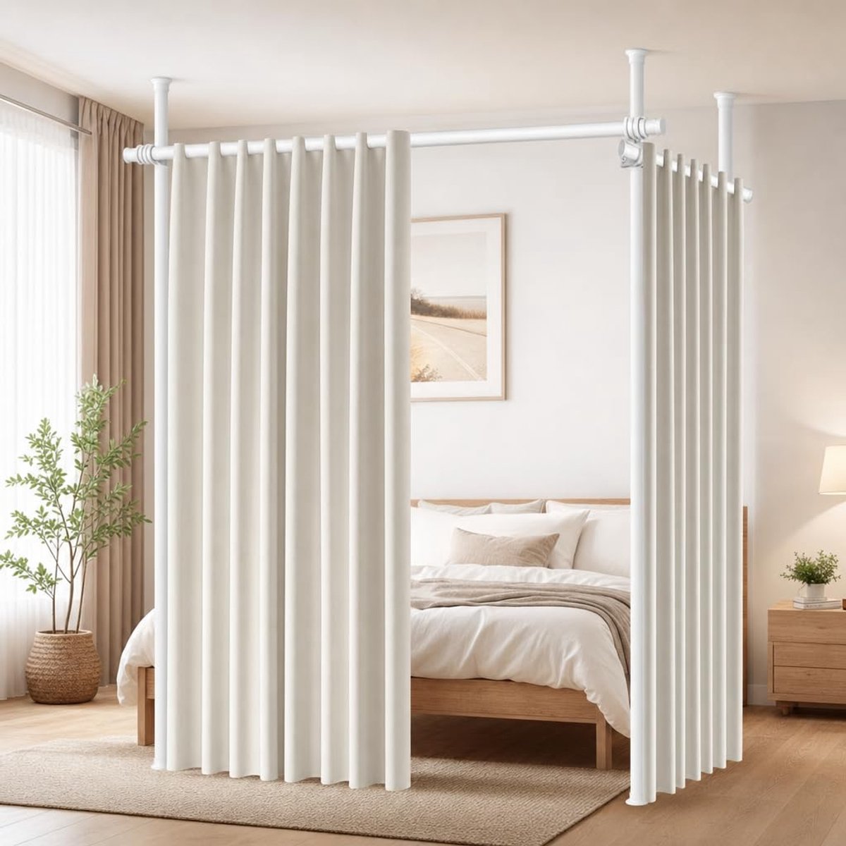 Famanu – Ruimteverdeler paraventframe, vrijstaand zonder gordijn, inkijkbescherming voor woonkamer, slaapkamer of kantoor, 280 x 317 cm, wit