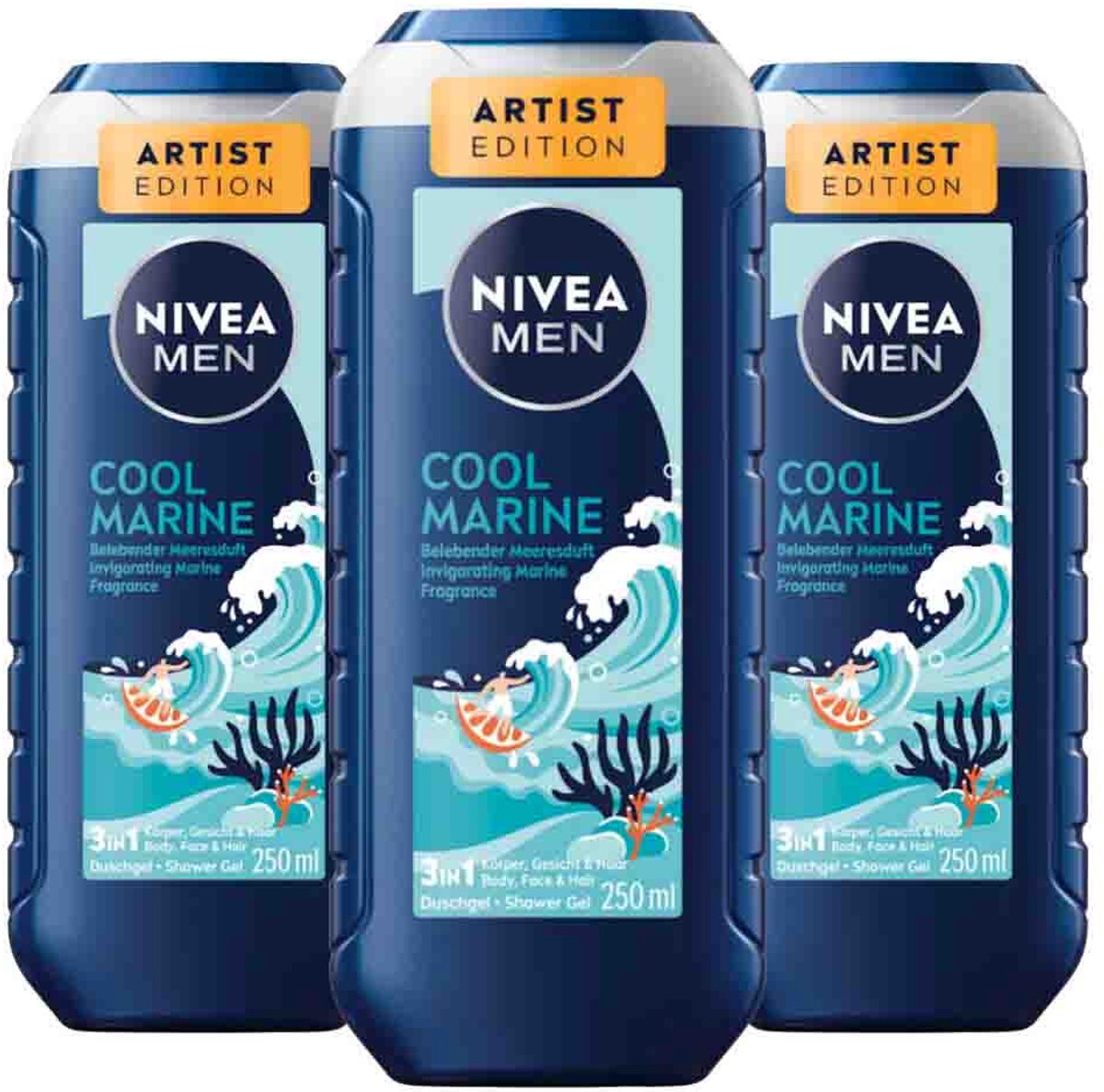 NIVEA Men Shampoo & Douchegel 3in1 Cool Marine - 3 x 250 ml - Voordeelverpakking
