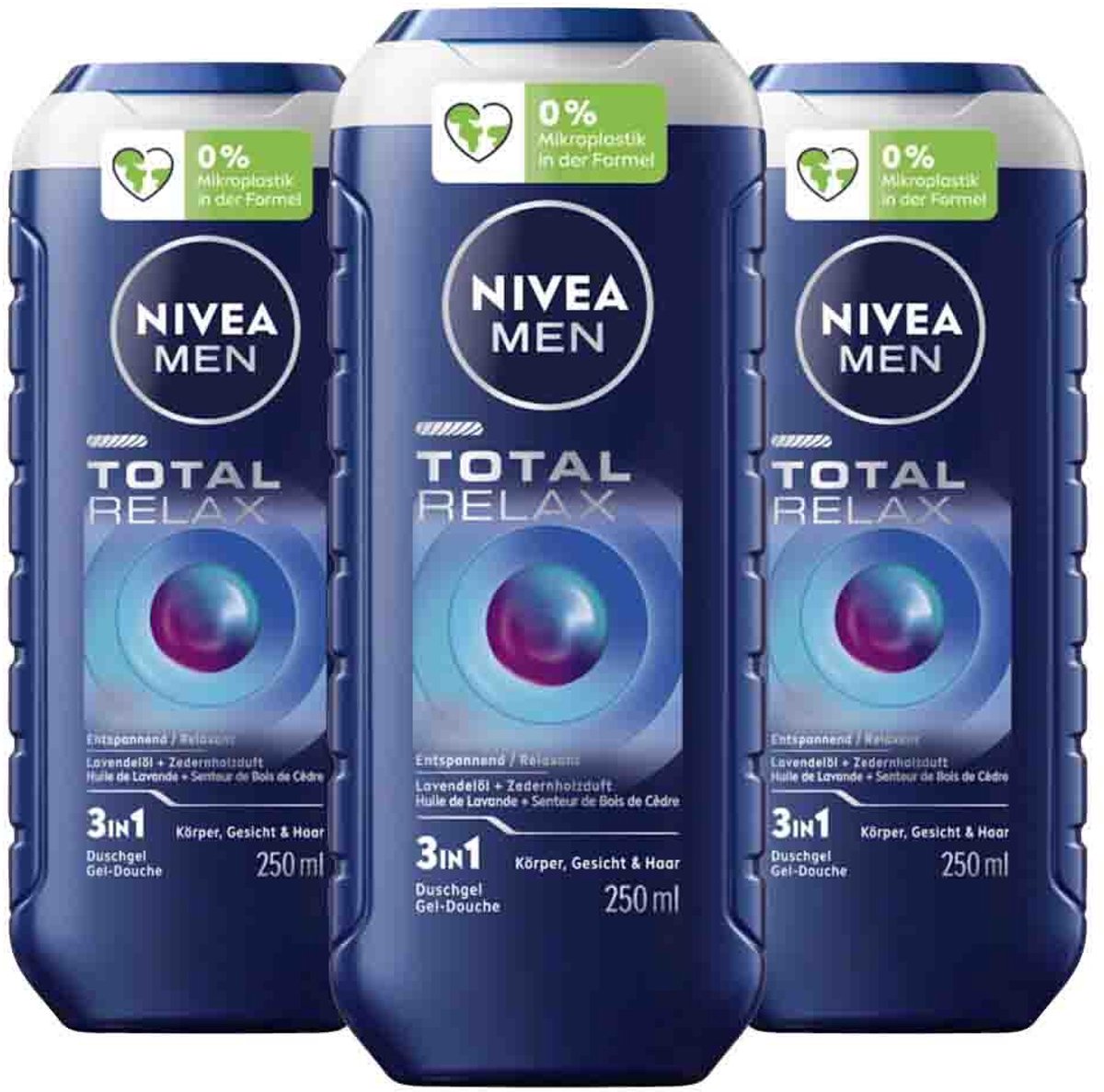 NIVEA Men Shampoo & Douchegel 3in1 Total Relax - 3 x 250 ml - Voordeelverpakking
