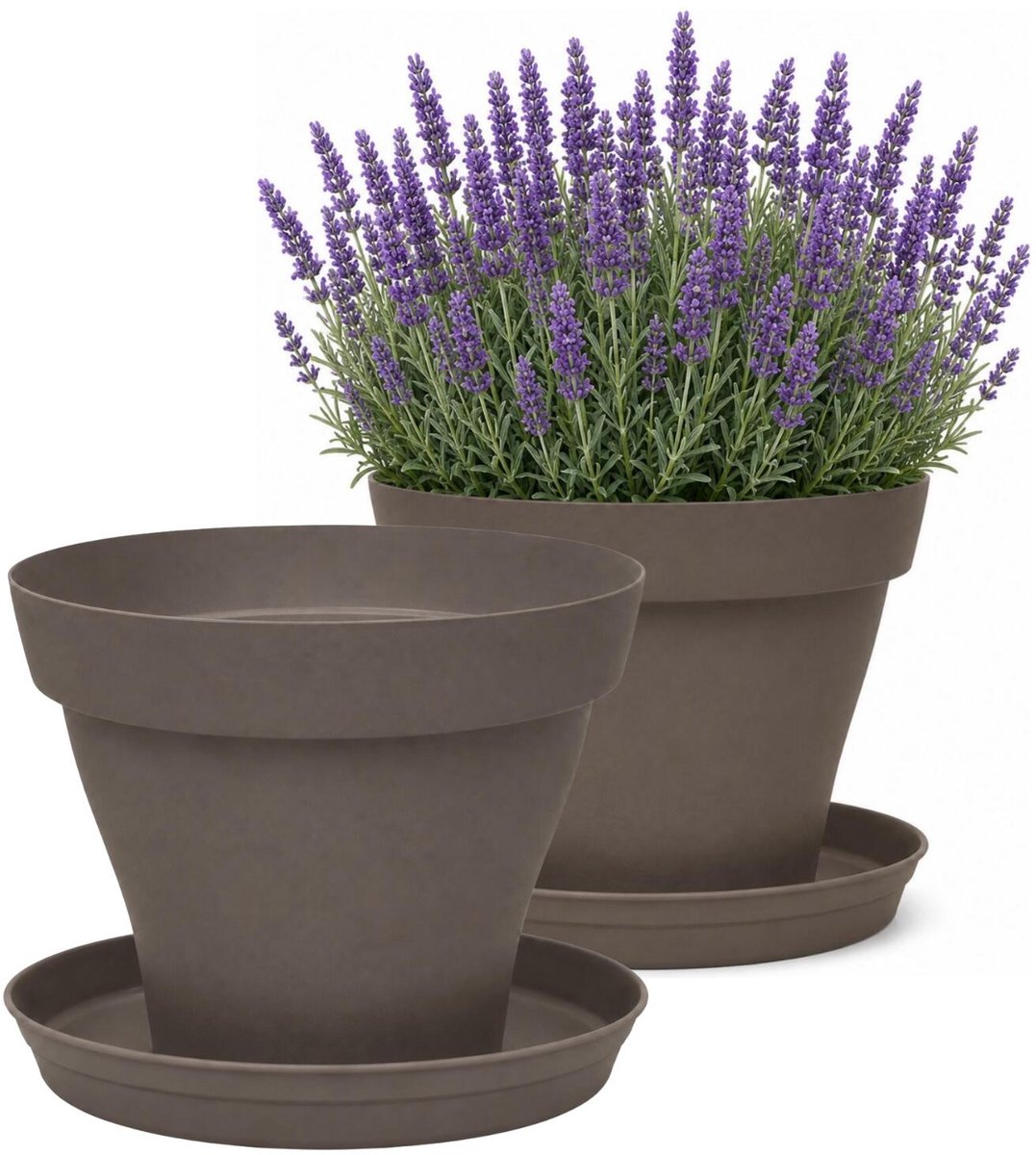 EDA Romeo Bloempot en onderschaal - 4x - D35 x H26 cm - taupe - kunststof - binnen en buiten