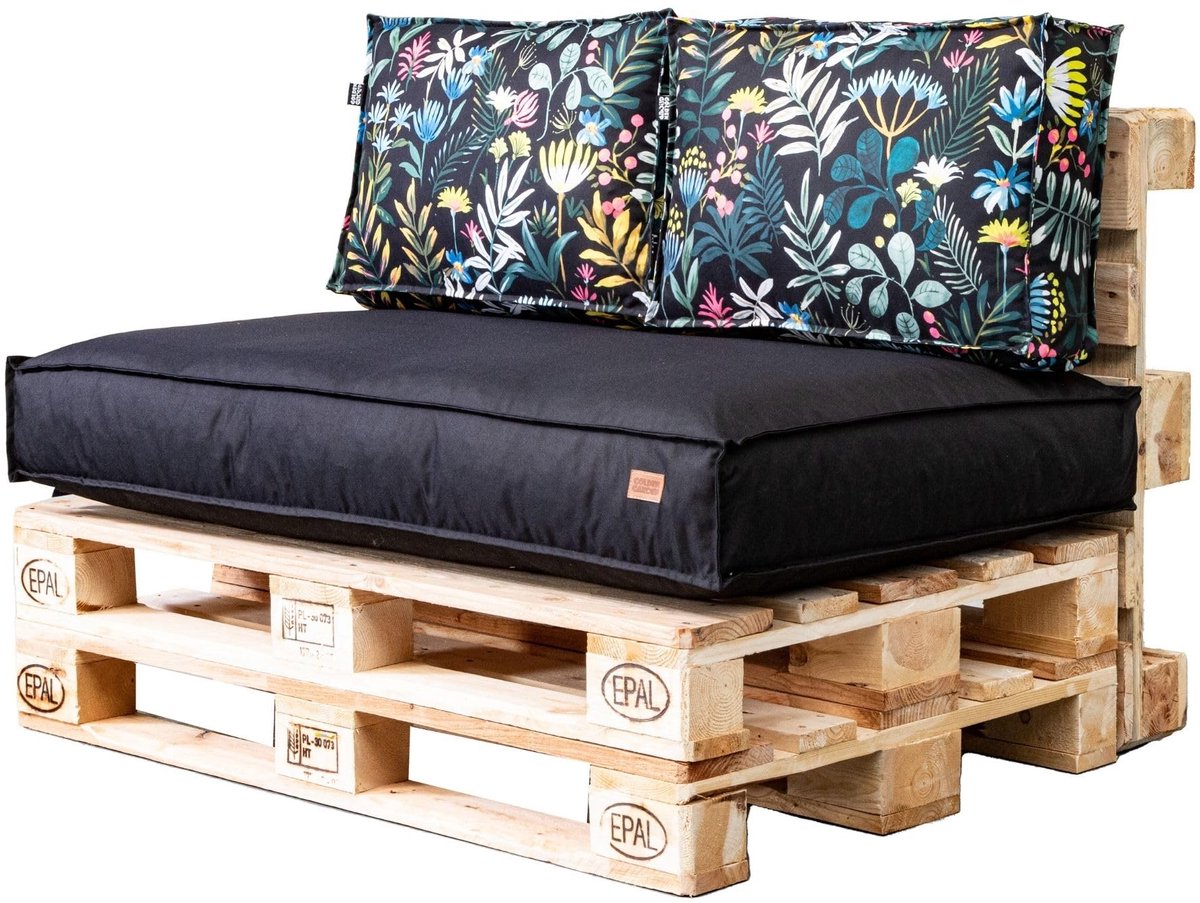 Famanu – Set van tuinkussens voor palletmeubels in zwart en weide, duurzame stof, gevuld met schuimgranulaat, 120x65x10 cm en 2x rugkussens 60x40x10