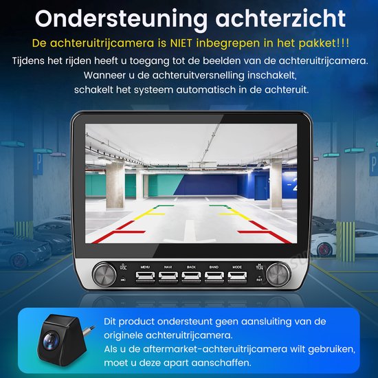 Scherm toont een parkeergarage met lijnen voor parkeervakken, de auto rijdt achteruit.