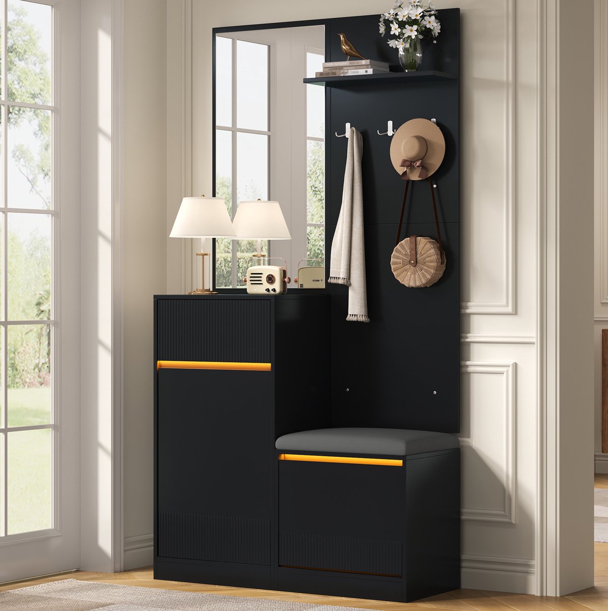 FloraGrace Schoenenkast Met Garderobe En Spiegel - Led Verlichting Met App Bediening - Moderne Entreekast Met Zitbank - Zwart - 105x38x190 Cm