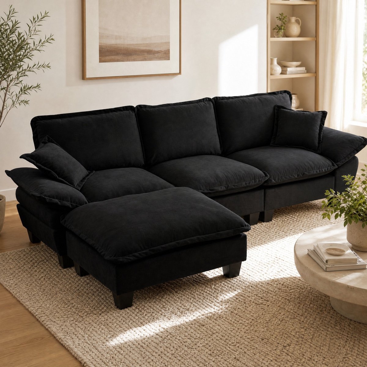 DESMIU Hoekbank 4-Zits - Modulair L-Vormig Cloud Design Met Verplaatsbare Ottomane En 2 Kussens - Voor Woonkamer En Appartement - Chenille - Zwart