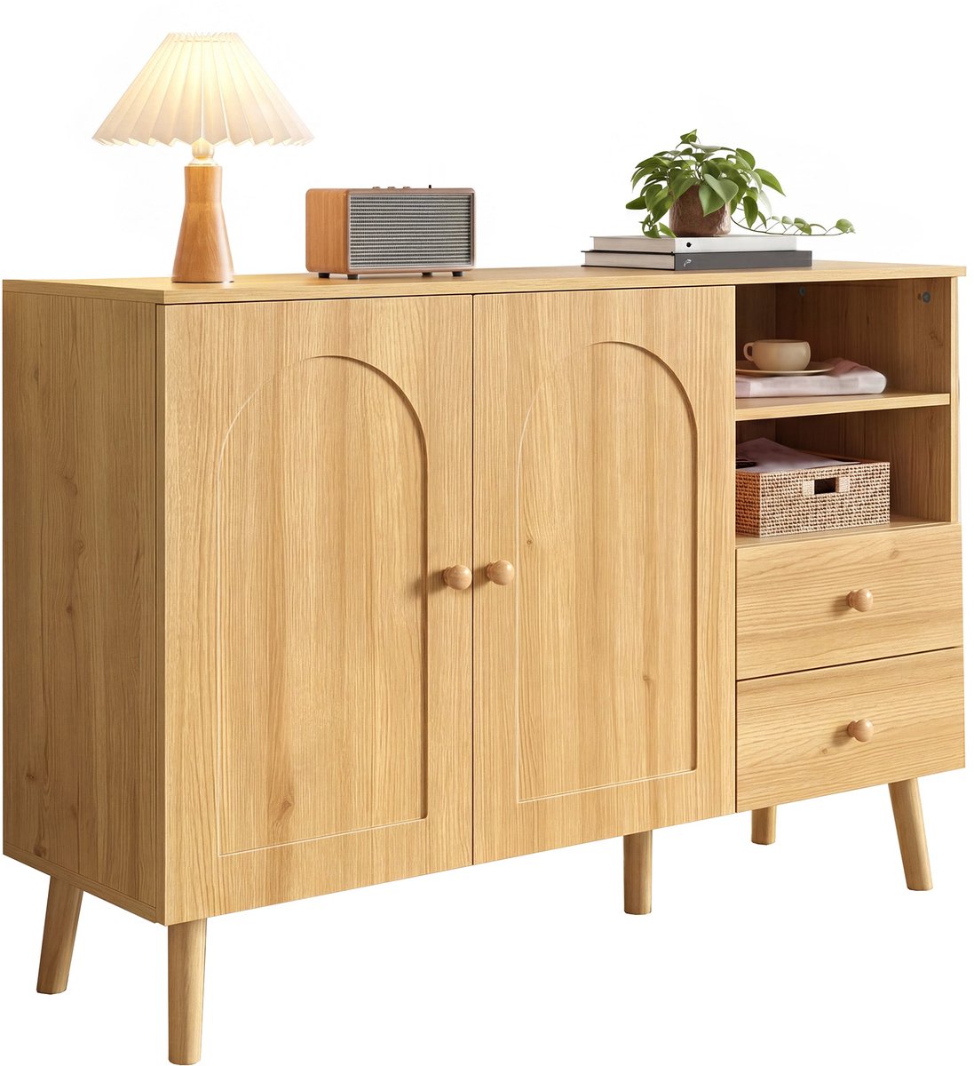 Merax Dressoir 118 cm - Houtkleur - 2 Deuren - 2 Laden - 2 Open Vakken - Houten Poten