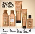 Cinq bouteilles et pots Redken avec le texte 'Restore Moisture Instantly'. Numéros 1 à 5 : Shampooing, Après-shampooing, Traitement sans rinçage, Traitement sans rinçage, Huile.