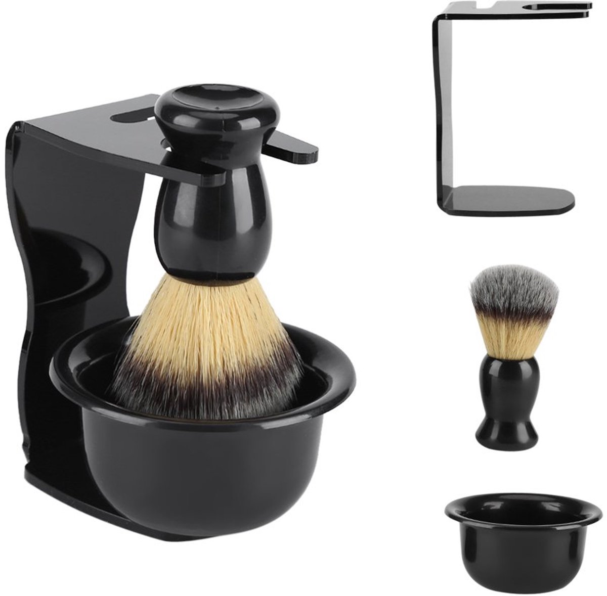3-in-1 Mannen Scheerkwast Set – Met Kom, Stand en Scheermes Sleuf – Zwart – Geschikt voor Nat Scheren