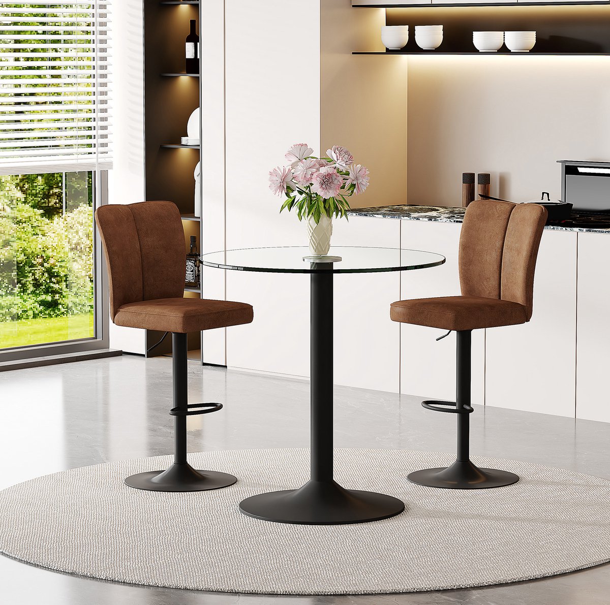 Wishdor Barset met 2 barkrukken - Glazen bartafel 89 cm draaibaar hoogteverstelbaar - Modern zwart metaal bruin transparant - Voor bar, keuken en lounge