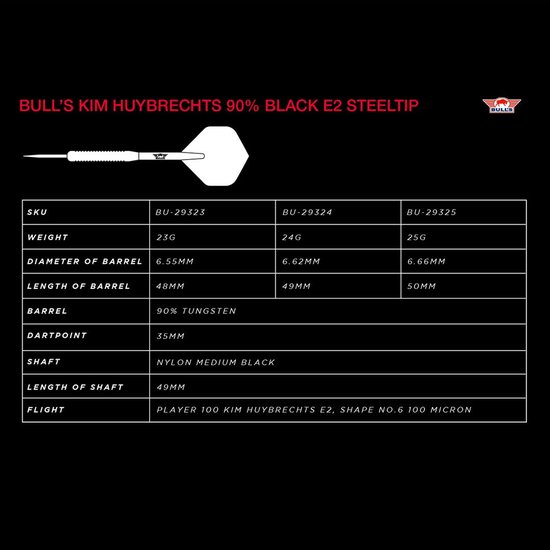Bull's Kim Huybrechts 90% Tungsten Black E2 25 gram Steeltip Dartpijlen van Bull's — afbeelding 5