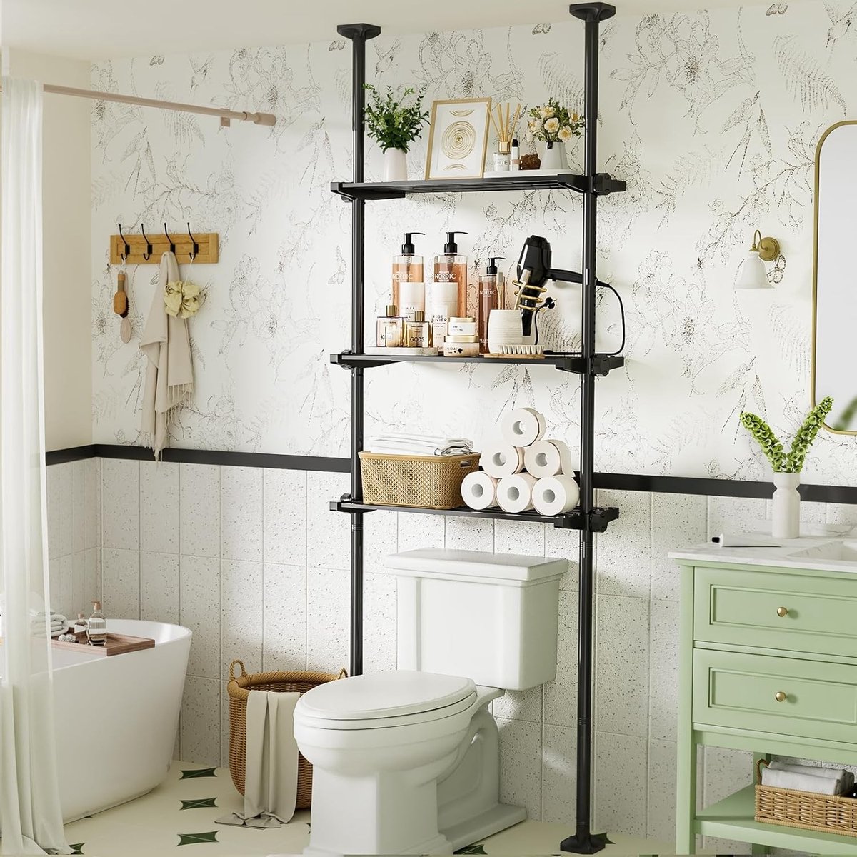 Opbergunit boven het toilet - Zwart - 3-laags - Verstelbare hoogte 122-315 cm - Voor Badkamer en Kleine Ruimtes