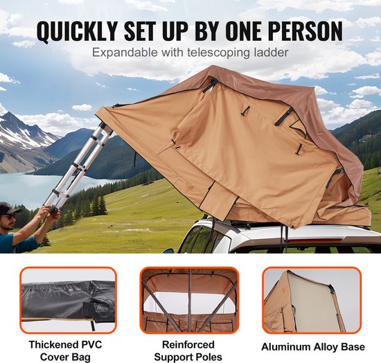 VEVOR Daktent met Harde Schaal, Autotent voor 2-3 Personen, Opvouwbare Daktent met Harde Schaal, Verstelbare Telescopische Laadtrap en Matras, Waterdicht en UV-Beschermend voor Jeep, SUV, Bestelwagen en Pick-Up van Vevor — afbeelding 3
