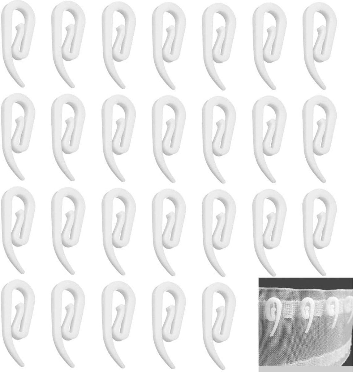 Verpakking van 100 universele plastic gordijnhaken, 28 x 12 mm, wit, voor Deuren, ramen, douches en caravans
