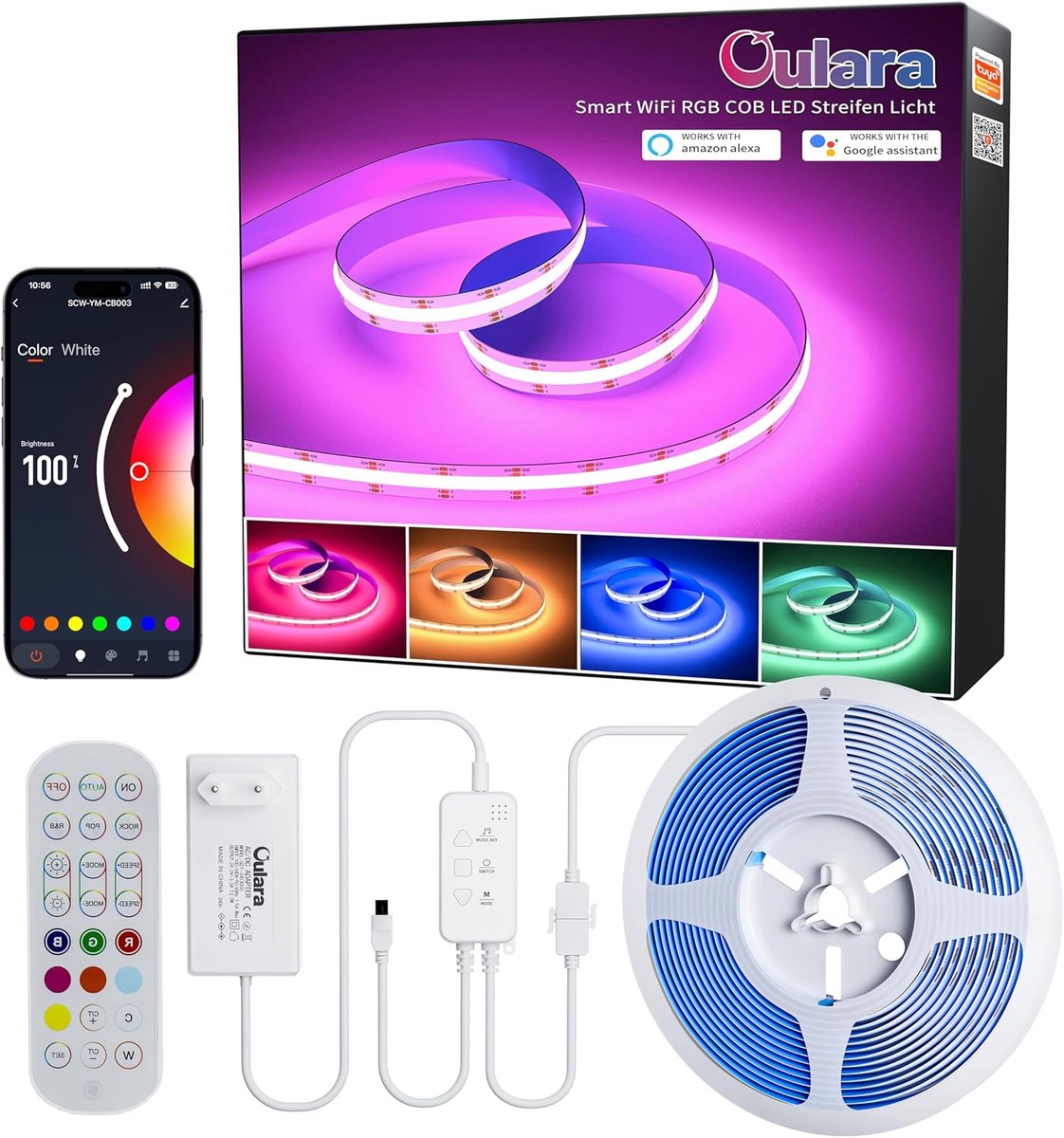 Thijox - Wifi RGB COB Ledstrip 6m, Dimbaar DC24V, Kleurverandering, Smart Tuya/Alexa/Google Assistant, Meerkleurige Flexibele LED Strip voor Thuis Dec