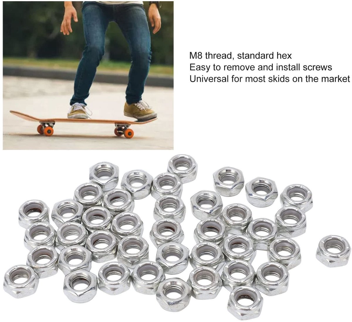 Dailygoods- Asmoeren 40 Stuks - Skateboard Trucks - Koolstofstaal - M8 Schroefdraad - Vervangingsmoeren - Universeel Gebruik - Skateboardmoeren
