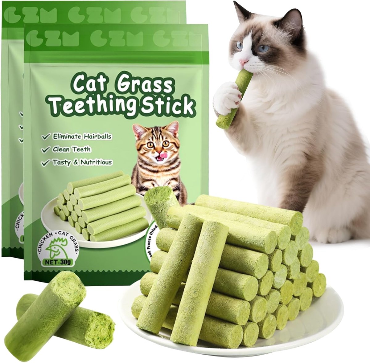 Thijox - 12 stuks kattengrassnacks, kattenkruistokken voor tandverzorging, vriesgedroogde snacks voor haarballen en spijsvertering, kattenmunt sticks