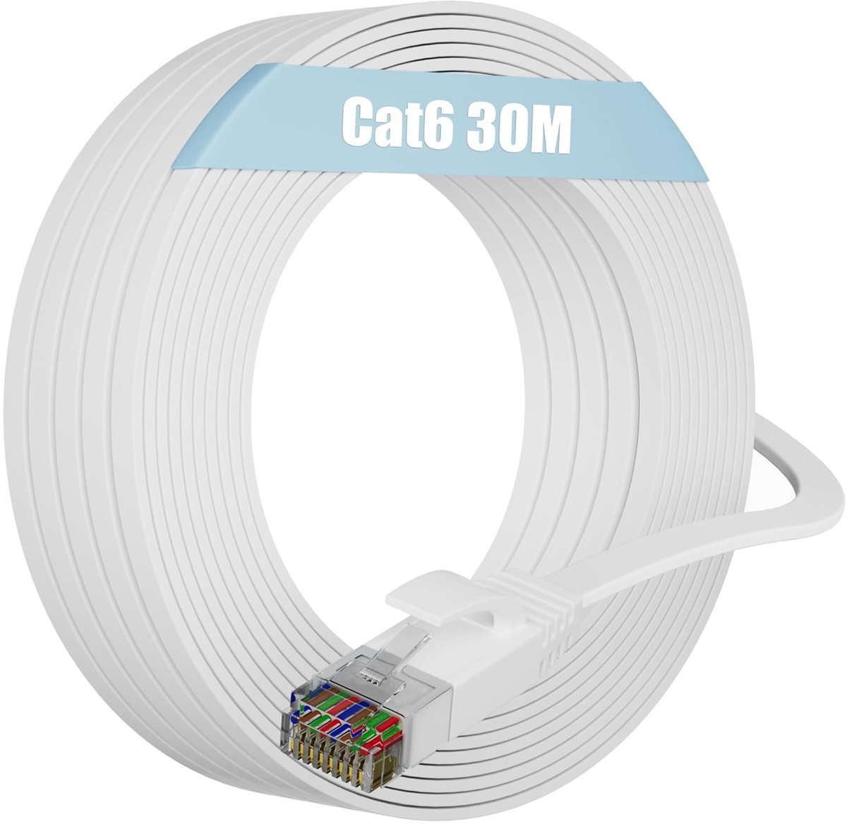 Thijox - Ethernet-kabel 30m Cat 6, Wit Netwerkkabel RJ45 met Hoge Overdrachtssnelheid, Plat LAN-kabel voor Gigabit Internet, Compatibel met Cat5/Cat5e