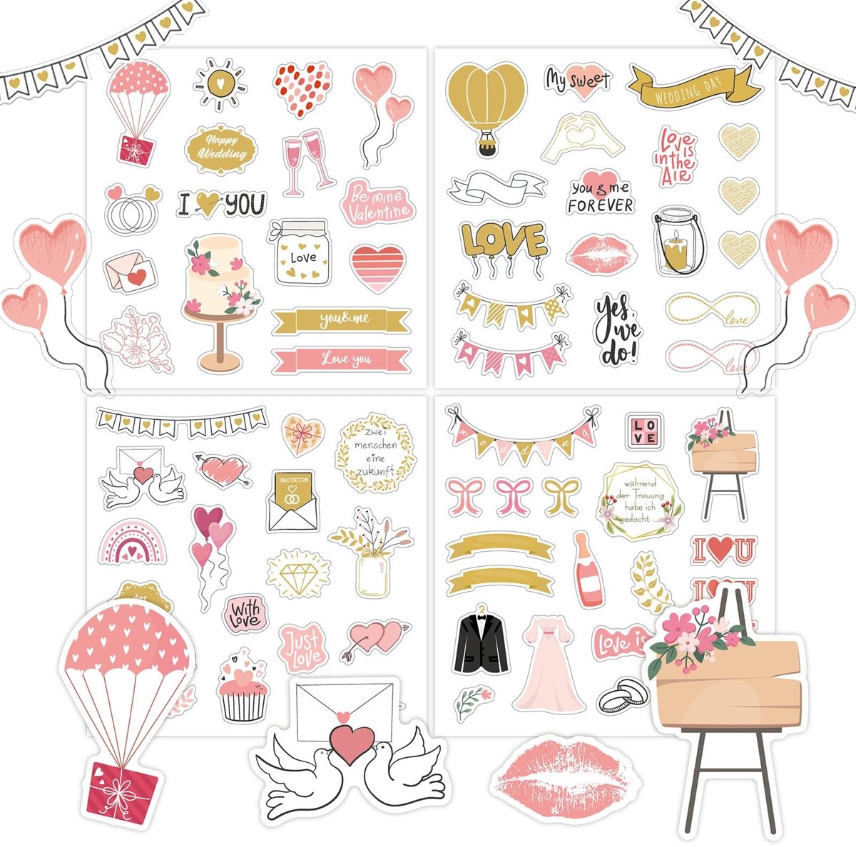Dailygoods- Liefdesstickers Vintage - 4 Stuks - Huwelijksstickers - Gastenboek Stickers - Bullet Journal Stickers - Romantische Ontwerpen - Boho Stijl - Bruiloftsstickers