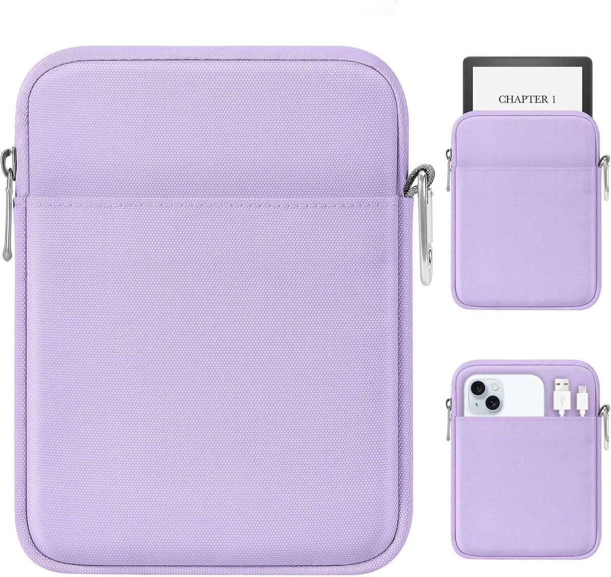 Padded Ereader Sleeve Case voor 6-7 inch Tablets, Beschermende Tas met Carabiner, Geschikt voor 7" eReaders zoals Paperwhite en Colorsoft, Paars