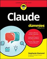 Boek "Claude for Dummies" met op de voorkant "Learning Made Easy", "Deliver effective prompt responses", "Implement Claude in everyday workflows", "Discover what makes Claude different", en de naam "Stephanie Diamond".