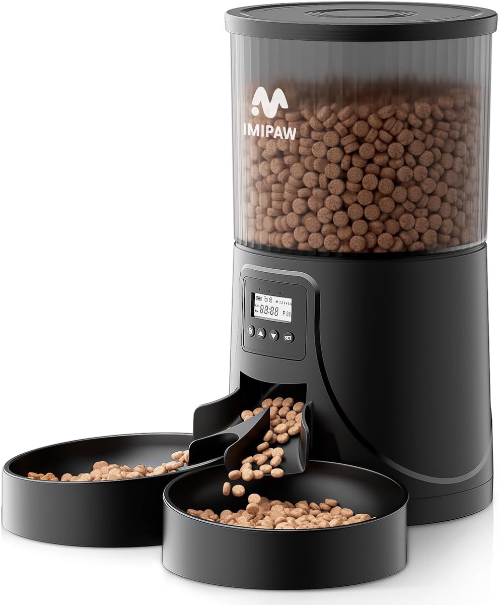 SnelShoppen - Cat Feeder 2 Bowls - Automatische Kattenvoederdispenser met 16 Cups, 4L Capaciteit, Tijdgestuurde Voercontrole, Anti-Clogging Design, Id