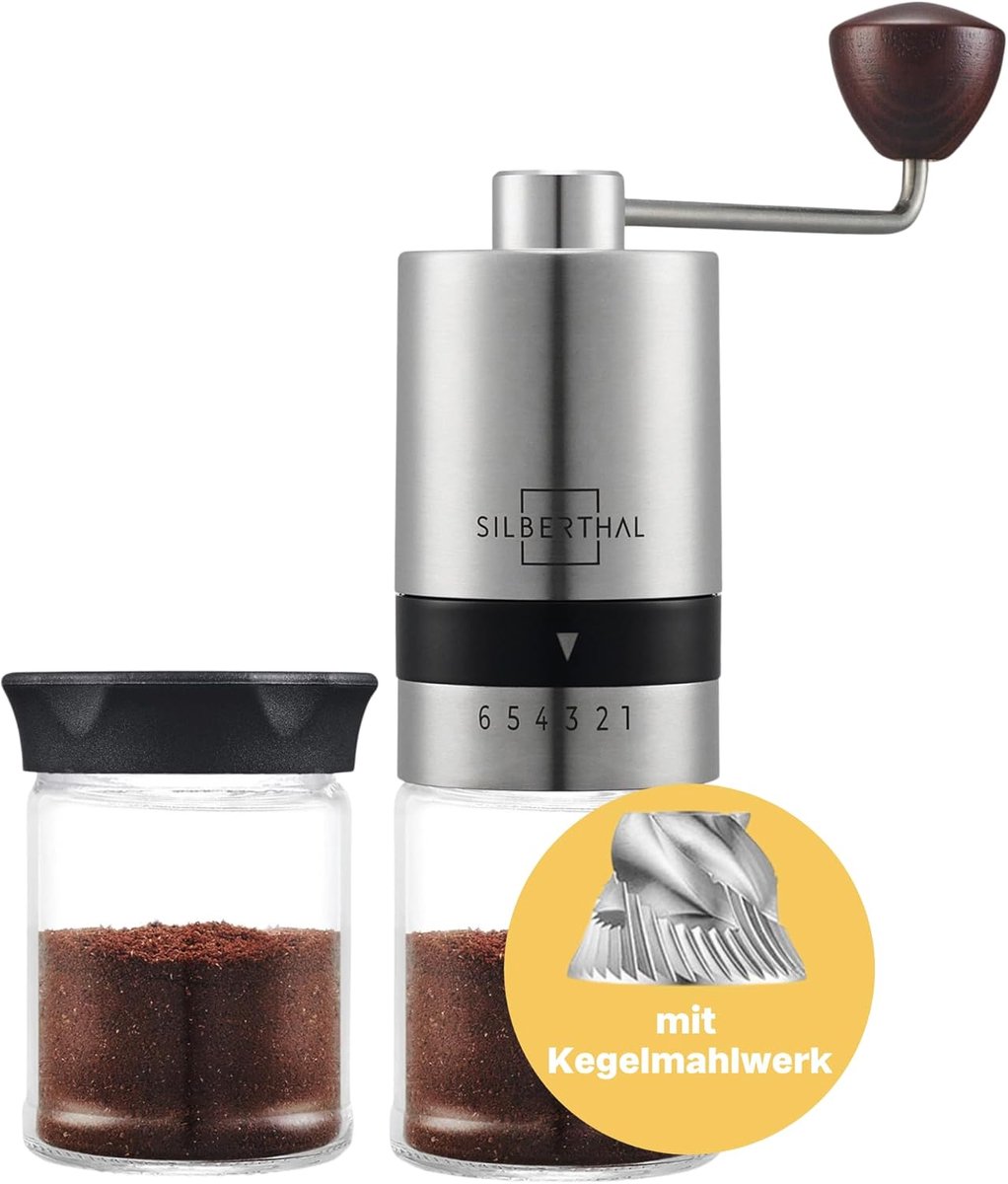 Thijox - Handmatige Koffiemolen met Kegelmaalwerk - Verstelbare Maalgraad - Roestvrij Staal en Glas - Perfect voor Espresso, Turkse Koffie, French Pre