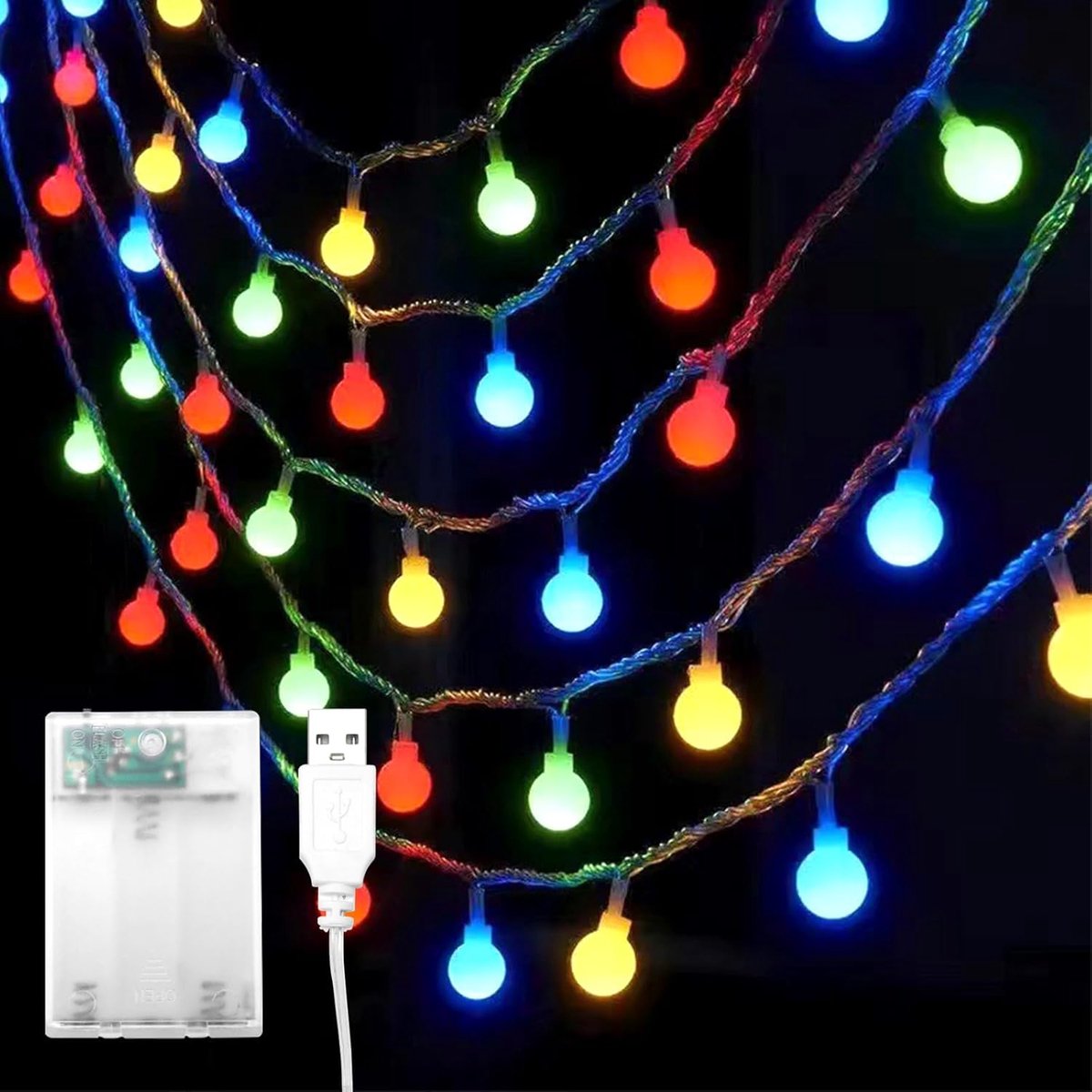 Thijox - Lichtsnoer 40 LED Kleurrijke Bollen, 6M, Batterij/USB Voeding, LED Globe Lichtketting voor Slaapkamer, Balkon, Bruiloft, Feest, Kerst, Binnen