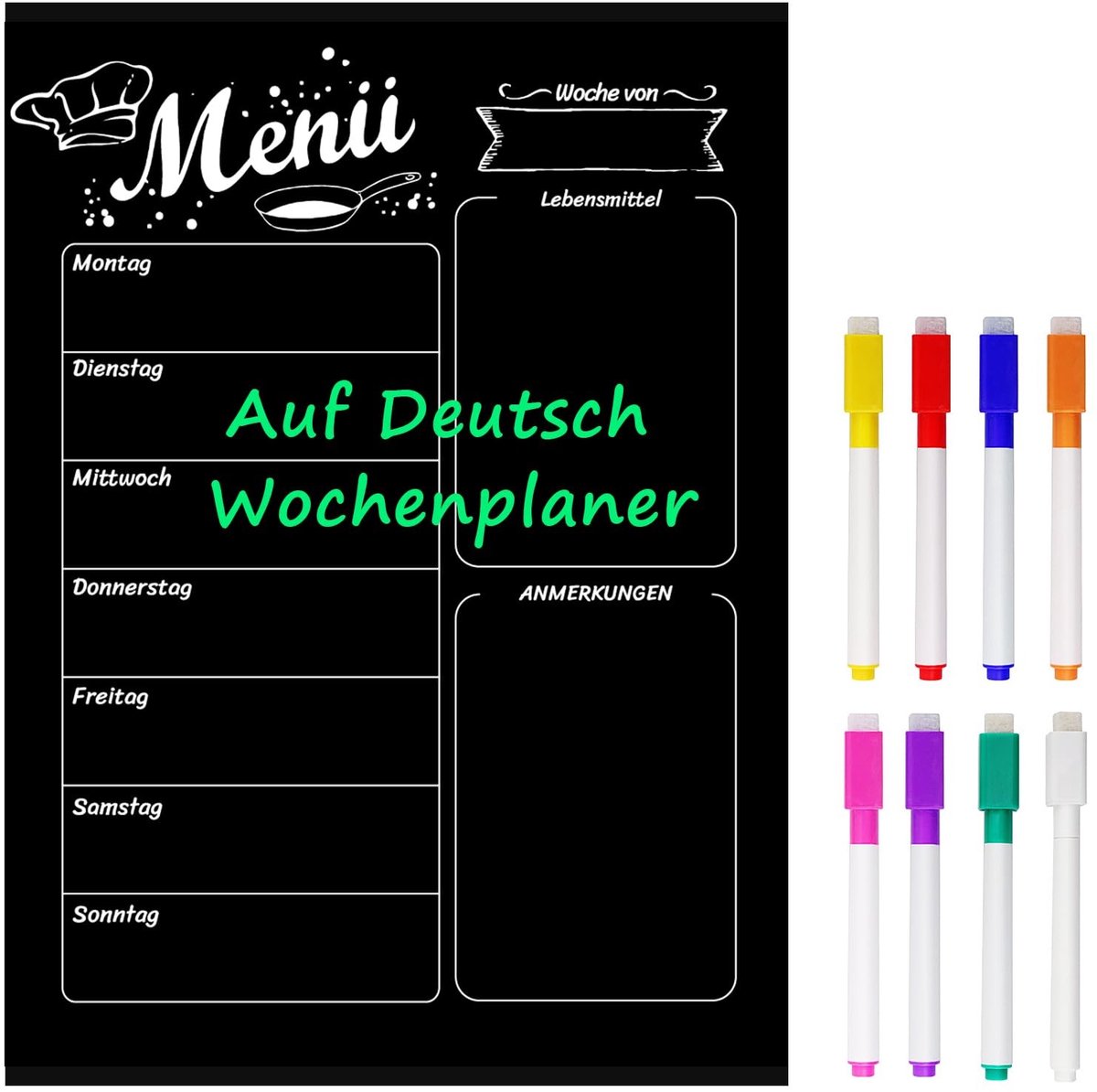 Dailygoods - MoKo Weekplanner Magnetisch voor koelkast, 40x30cm Weekplanner uitwisbaar voor boodschappenlijstje Magnetisch bord keuken met 8 gekleurde stiften, zwart