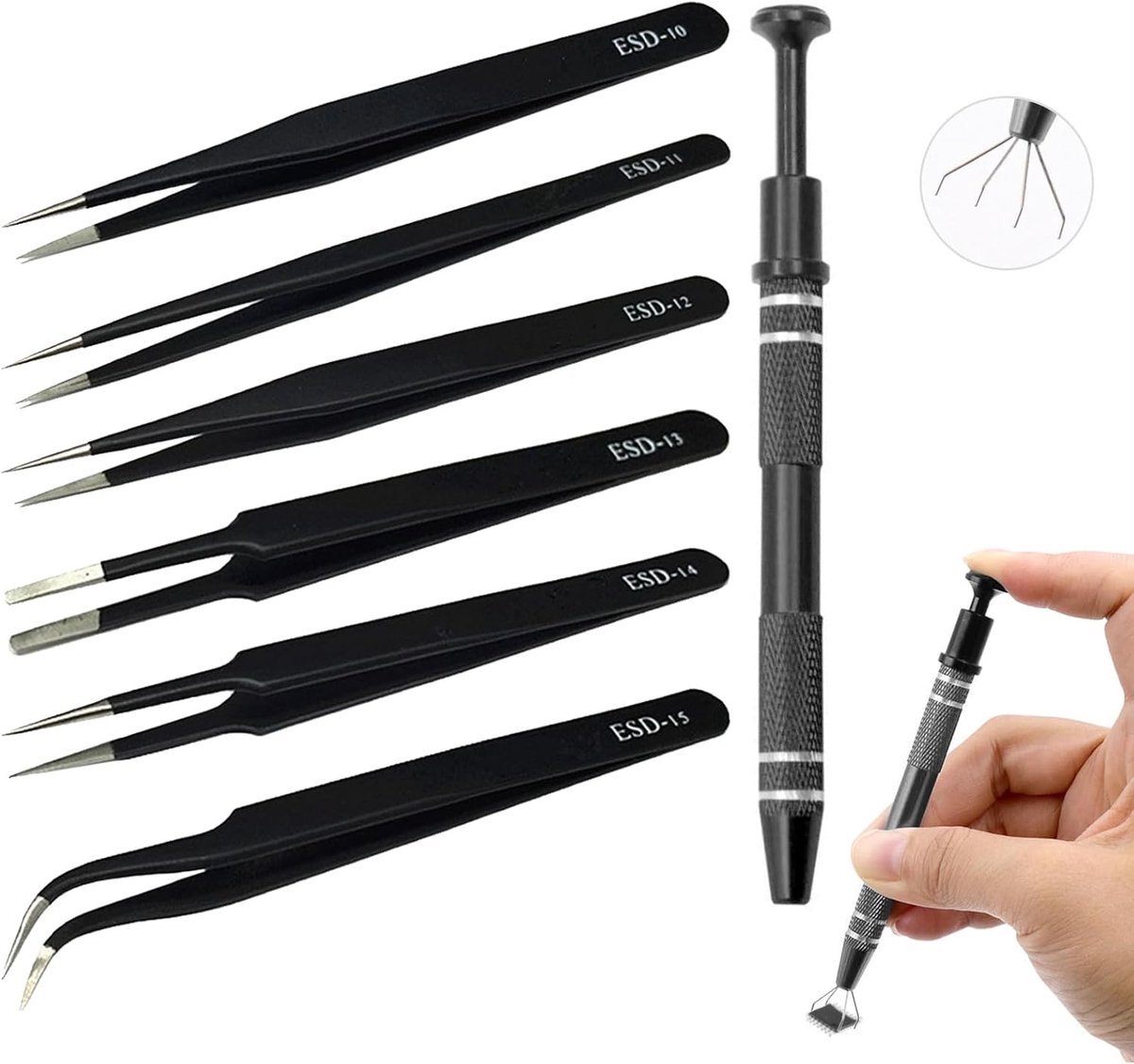Thijox - 7 Stuks Precisie Pincet Set, ESD Anti-Statische Pincet van Roestvrijstaal met Prikbalk voor Elektronica, Sieraden, Laboratorium en Handicraft