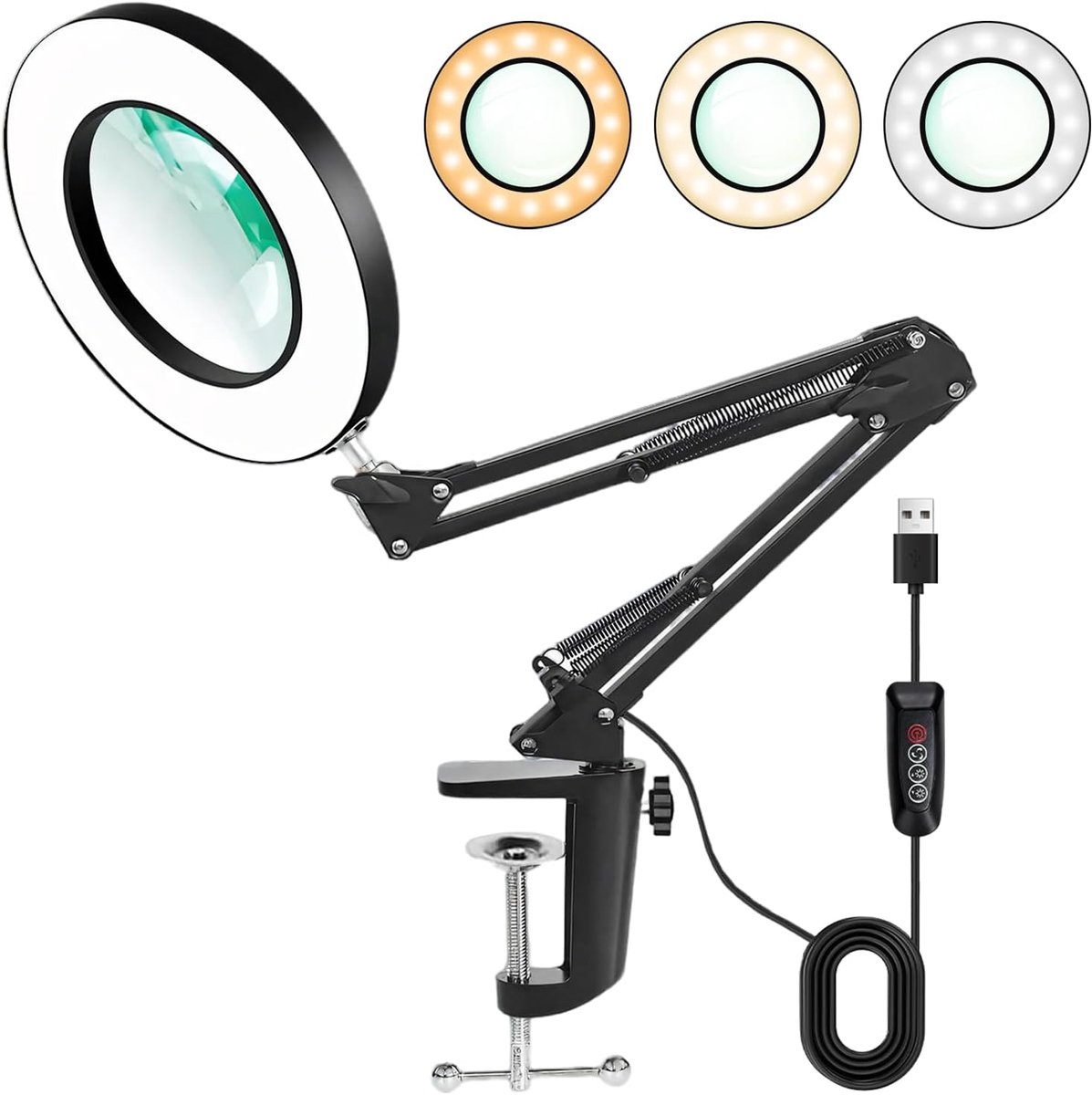 Thijox - Opvouwbare Tafellamp met LED & Vergrootglas, 10x Vergroting, 72 Lampkralen, 3 Lichtmodi, 10 Dimmingsniveaus - Draaibare Armlamp met Metalen K