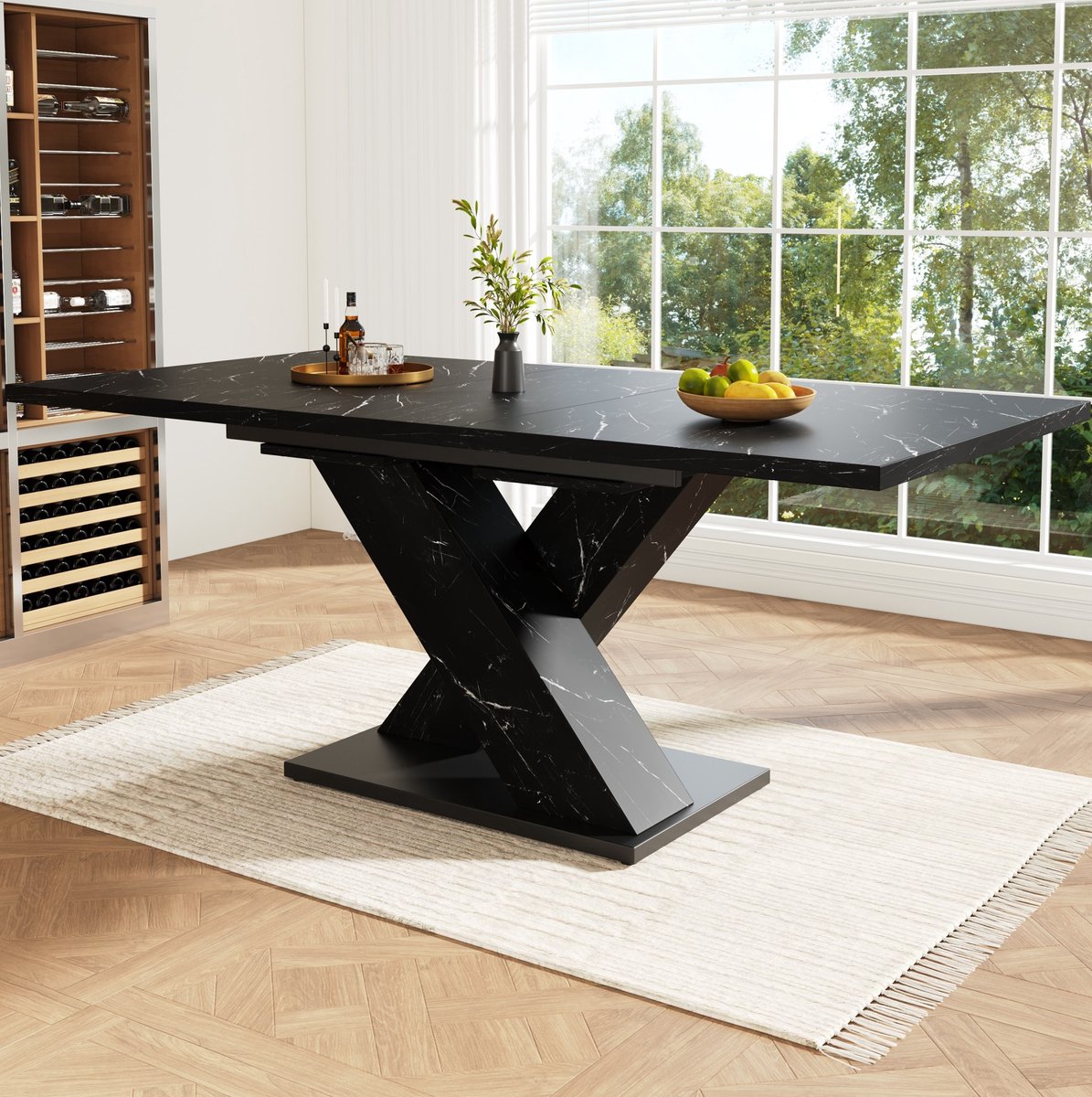 MIVRAY Eettafel - Uitschuifbaar Met Zwarte Marmerlook En X-Poot - Voor Keuken En Eetkamer - MDF En Metaal - 119-158,5x80x75 Cm